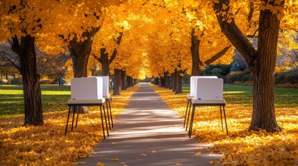 A quiet, tree-lined park path in full autumn splendor, leading to a well-organized voting booth. The golden leaves add warmth to this civic-minded scene