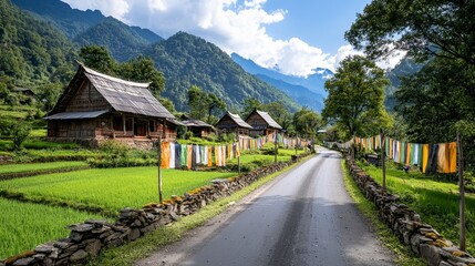 A quiet village road lined with colorful banners encouraging votes, winding through charming cottages and peaceful landscapes, symbolizing civic pride
