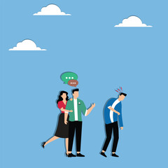 Workplace gossip, talking behind in the office, work bullying, chatter or rumor, rudeness voice or wrong information telling concept, business people gossip or talk behind colleagues in the office