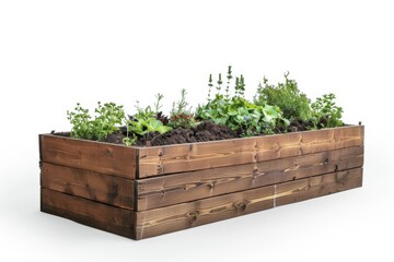 Wooden planter box filled with various herbs and vegetables on a white background