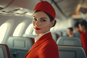 Beautiful female stewardess in red costume at work on the airplane