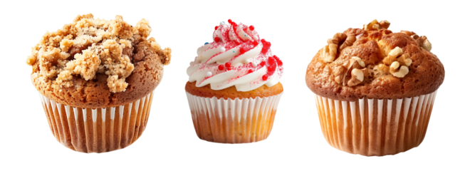 A freshly baked and fluffy coffee muffin or cupcake with whipped cream and nuts isolated on white transparent background.