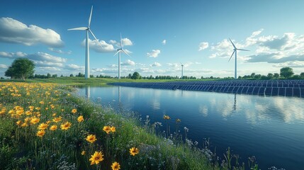 Scenic landscape featuring wind turbines and solar panels by a river.