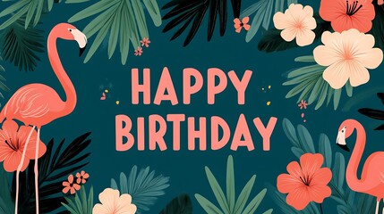 Tropical Happy Birthday Card Design with Flamingos