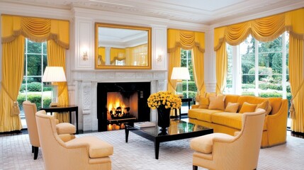 Fototapeta premium Elegant and Cozy Traditional Living Room with Warm Fireplace and Luxurious Furnishings