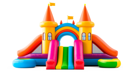 Vibrant Multicolored Inflatable Castle for Kids' Parties isolated on a white background