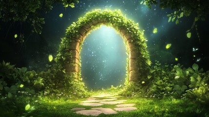 Enchanted stone archway surrounded by lush greenery