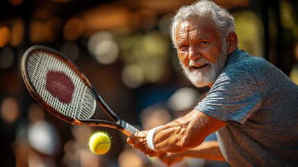 Portrait of senior man playing tennis at the tennis court. Active retirement concept.