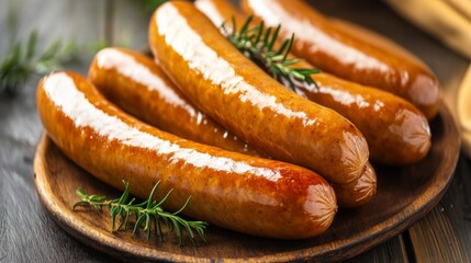 Freshly Grilled Sausages on Wooden Plate with Mustard