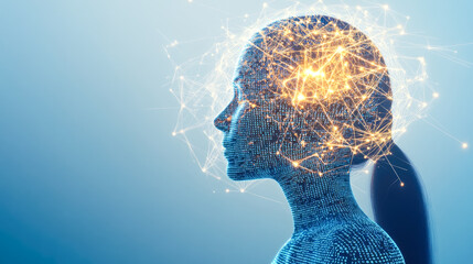 A futuristic digital representation of a human head, intertwined with glowing neural networks and circuits against a dark backdrop.