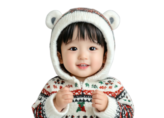 Cute child in bear hoodie smiling, white isolate background