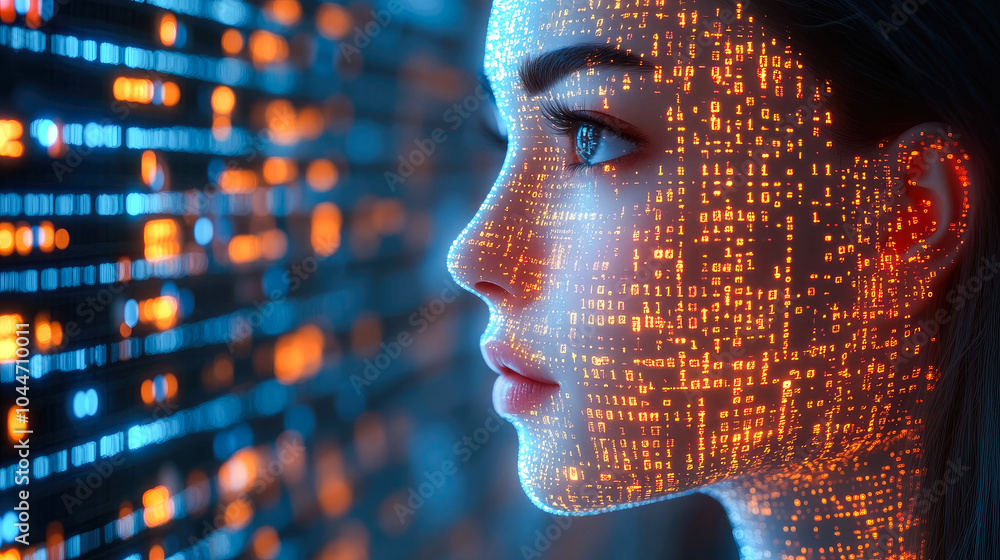 Poster a human face is illuminated by dynamic streams of glowing binary code, illustrating the intersection