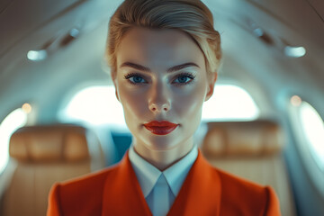 Beautiful female stewardess at work on the airplane