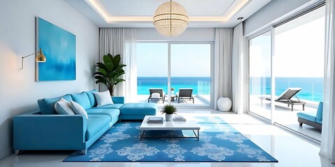 White And Blue Color Luxury Villa Room Interior