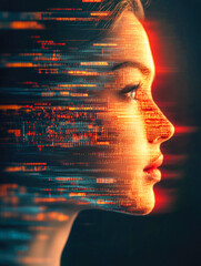 A futuristic female profile with a dynamic digital overlay of orange lights, portraying modern technological advancements and emotion.
