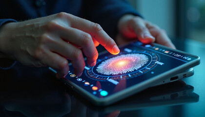 Hands using a tablet with a digital fingerprint scanner interface