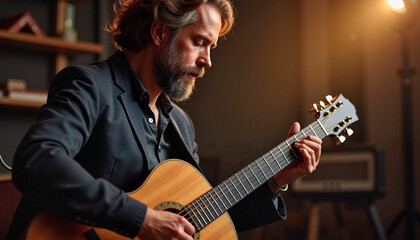 Obraz premium Man playing acoustic guitar in cozy room 