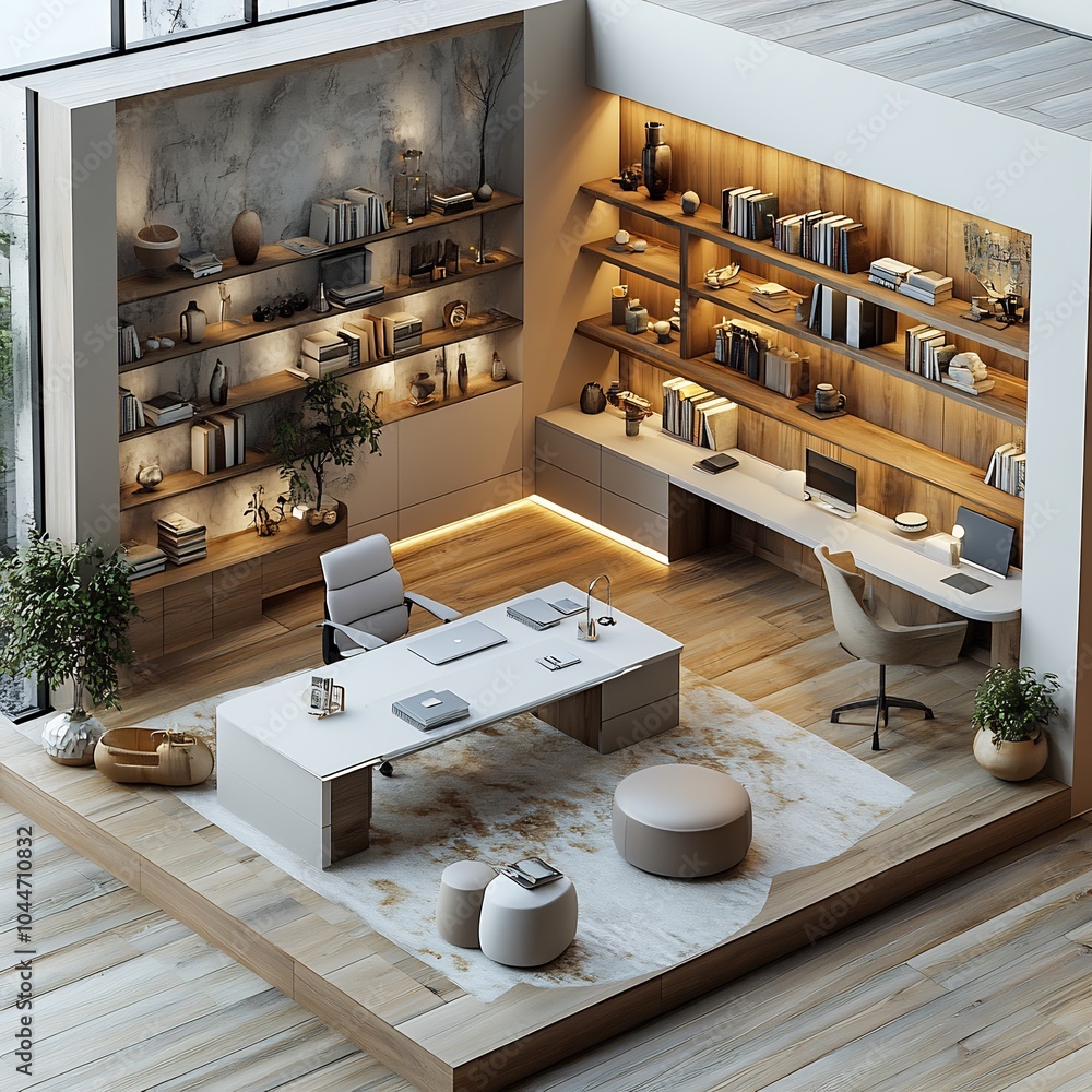 Poster 3d top view of modern minimalist study room featuring a white desk minimalist chair and floating she