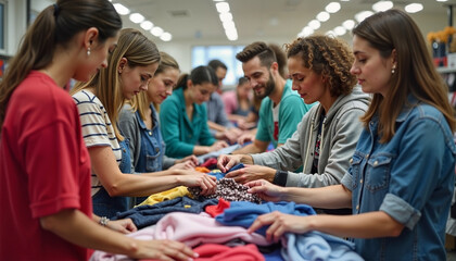 Volunteers organizing clothes for charity donation drive
