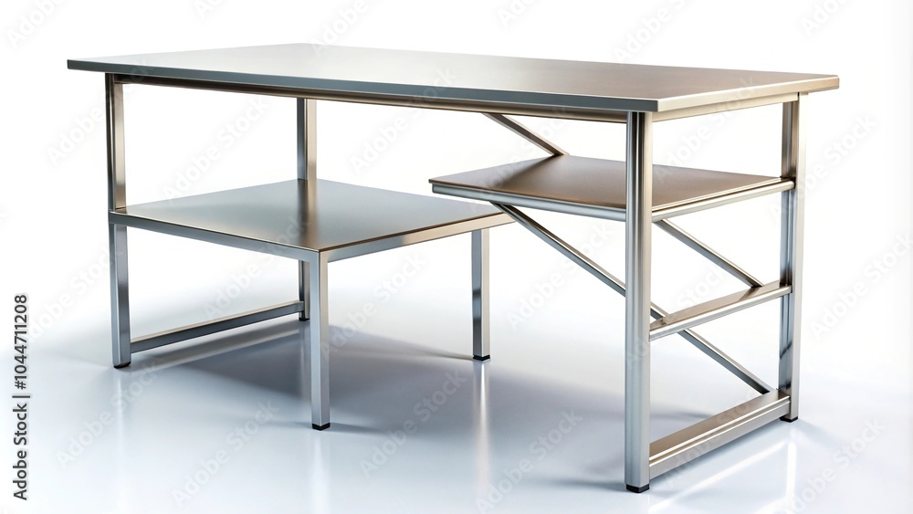 Poster tilted angle metal desk and shelf isolated on white background from various angles