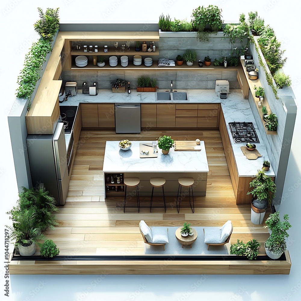 Poster 3d top view of practical kitchen featuring an island open shelves and a large fridge floor plan disp