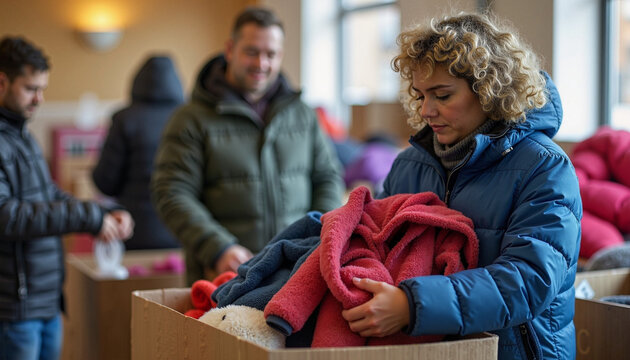 Volunteers collecting warm blankets for charity at donation center
