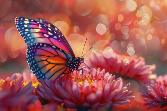 a close-up image of a butterfly with rainbow coloured wings  perched on top of a chrysanthemum flower