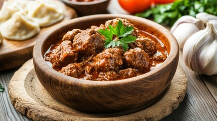 Goulash and Dumplings on Wooden Table