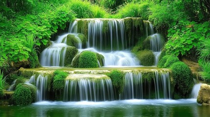 A serene waterfall cascading over moss-covered rocks, surrounded by lush green foliage, embodying the peaceful beauty of nature