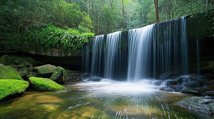 A serene waterfall cascading over moss-covered rocks, surrounded by lush green foliage, embodying the peaceful beauty of nature
