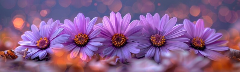 Purple flowers are sitting in a field of grass with blurred lights, plant background, banner, copy space