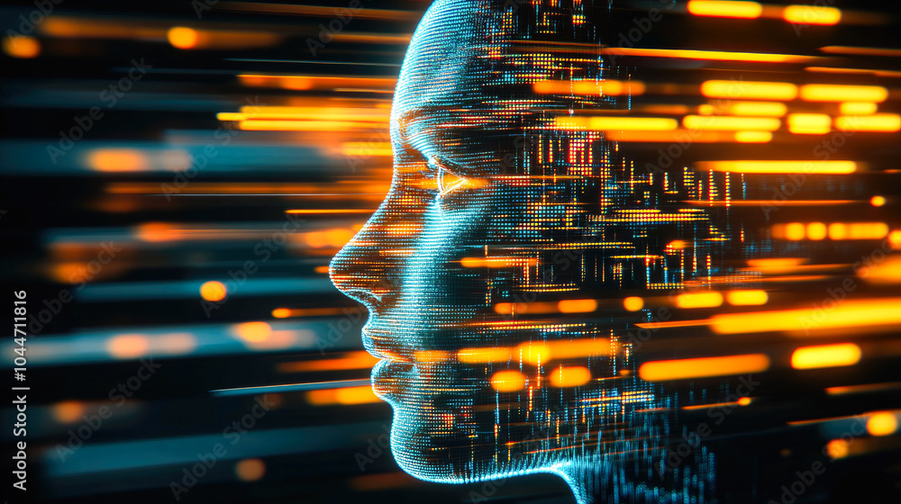 Poster this image features a glowing digital face with abstract lines coursing through it, blending human a