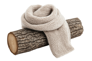 Soft knitted scarf resting on a rustic log, perfect for cozy winter vibes.