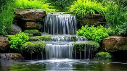 A calming waterfall cascading over mossy rocks, with vibrant green foliage all around, creating a peaceful natural retreat