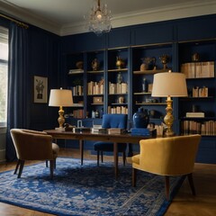 a drawing room with a blue chair as the center