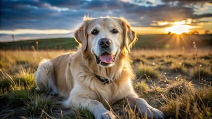 Golden Retriever Dog Enjoying Outdoors at a Large Grass Field at Sunset