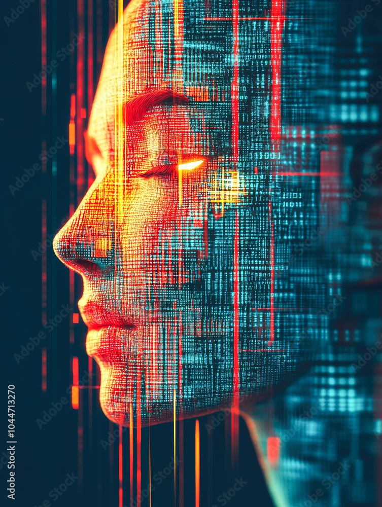 Poster a side profile of a human face, seamlessly integrated with digital data streams, creating a futurist