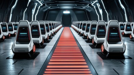Obraz premium Futuristic Sci Fi Corridor with Illuminated Red Walkway and Parallel Seating