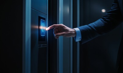 Hand scans fingerprint on digital door lock.