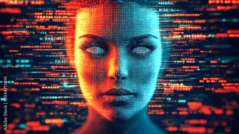 Poster this artistic creation shows a face split between red and blue hues, intersected by data streams, sy