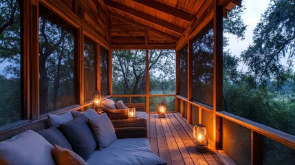 Serene screened porch with cozy furniture and soft lights, ideal for unwinding on a hot summer evening.