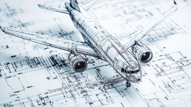 Detailed close-up of an aeronautical engineering blueprint, highlighting key aircraft components and modern aerospace innovations
