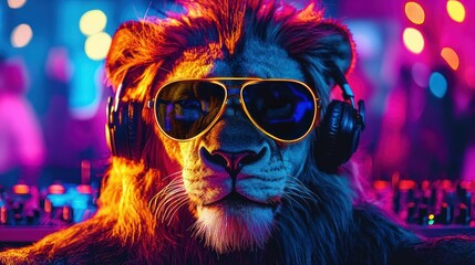 Fototapeta premium Party lion DJ in neon ambiance, sporting sunglasses and equipped with headphones.