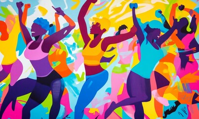 Abstract painting of colorful people dancing.