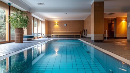 Top-class wellness facility with sauna, serene pool, and modern interiors, with text-friendly space on the left side.