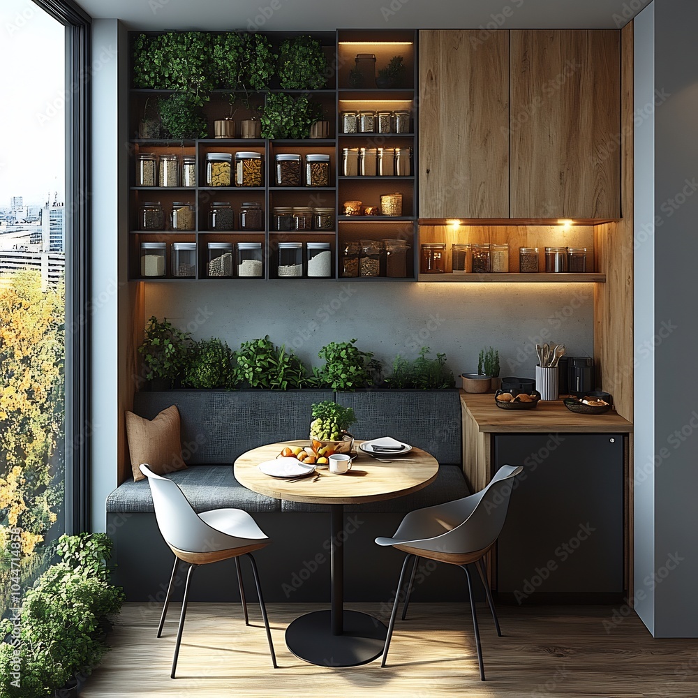 Poster 3d top view of small dining area with a compact table and modern chairs detailed floor plan on a cle