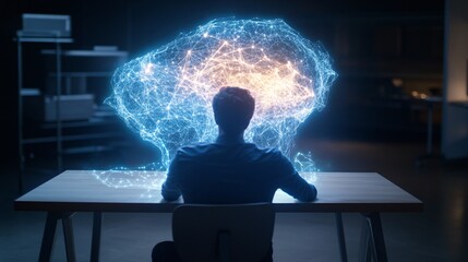 Person Seated at Glowing Table with Digital Projections