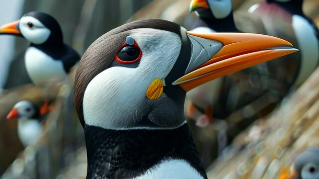 Close up view of a puffin among other seabirds in its natural habitat
