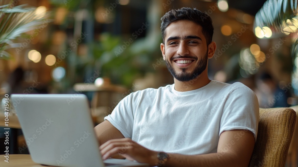Poster a man is sitting at a table with a laptop in front of him