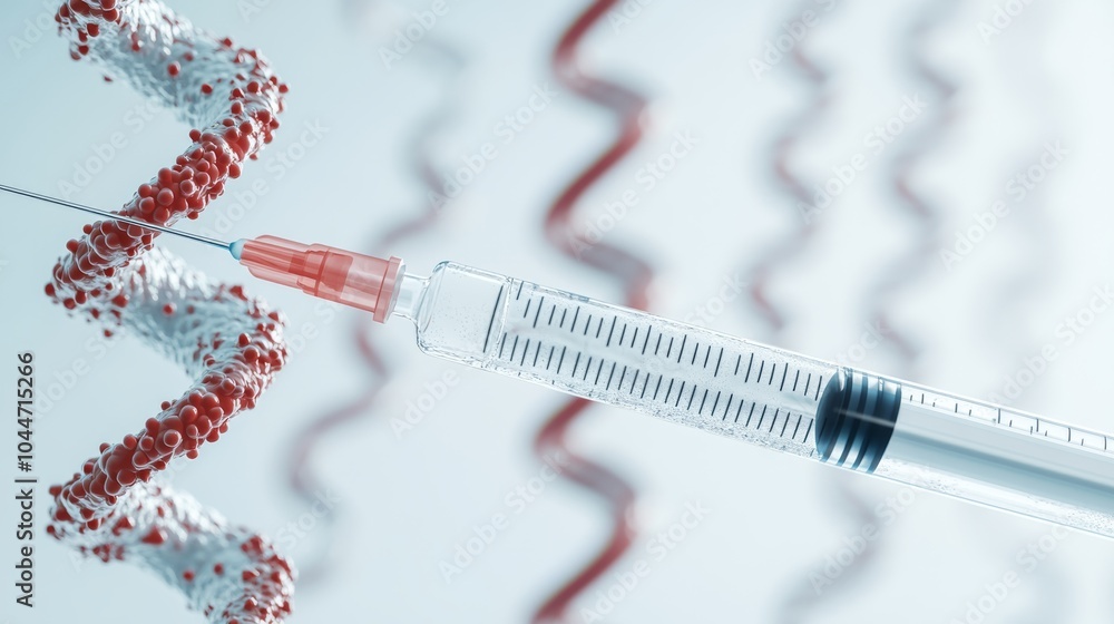 Poster a close-up of a syringe injecting into a strand of dna, symbolizing the intersection of medicine and